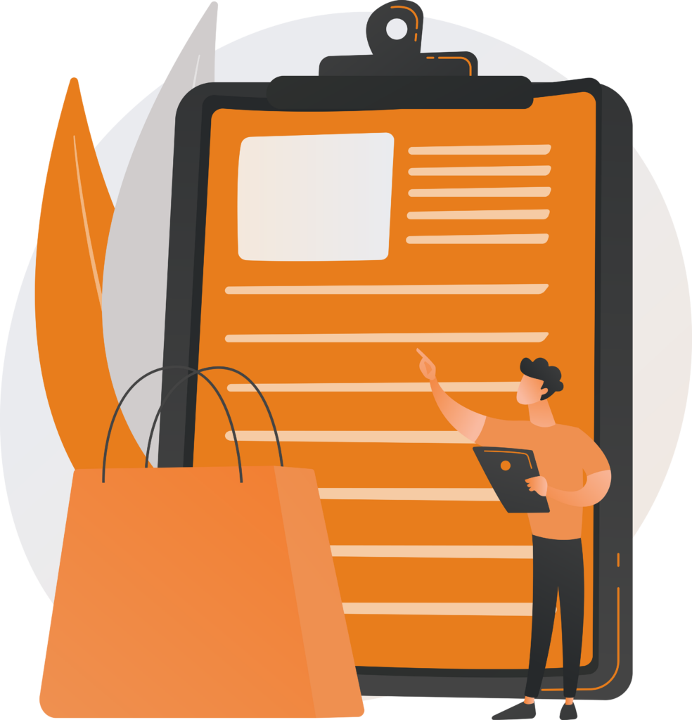 Illustration d'un personnage consultant une liste de commande géante à côté d'un sac de shopping orange pour symboliser les achats de l'entreprise.