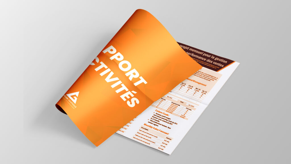 Rapport d'activités annuel imprimé pour entreprise avec design moderne orange et graphiques de performance des ventes sur les pages intérieures